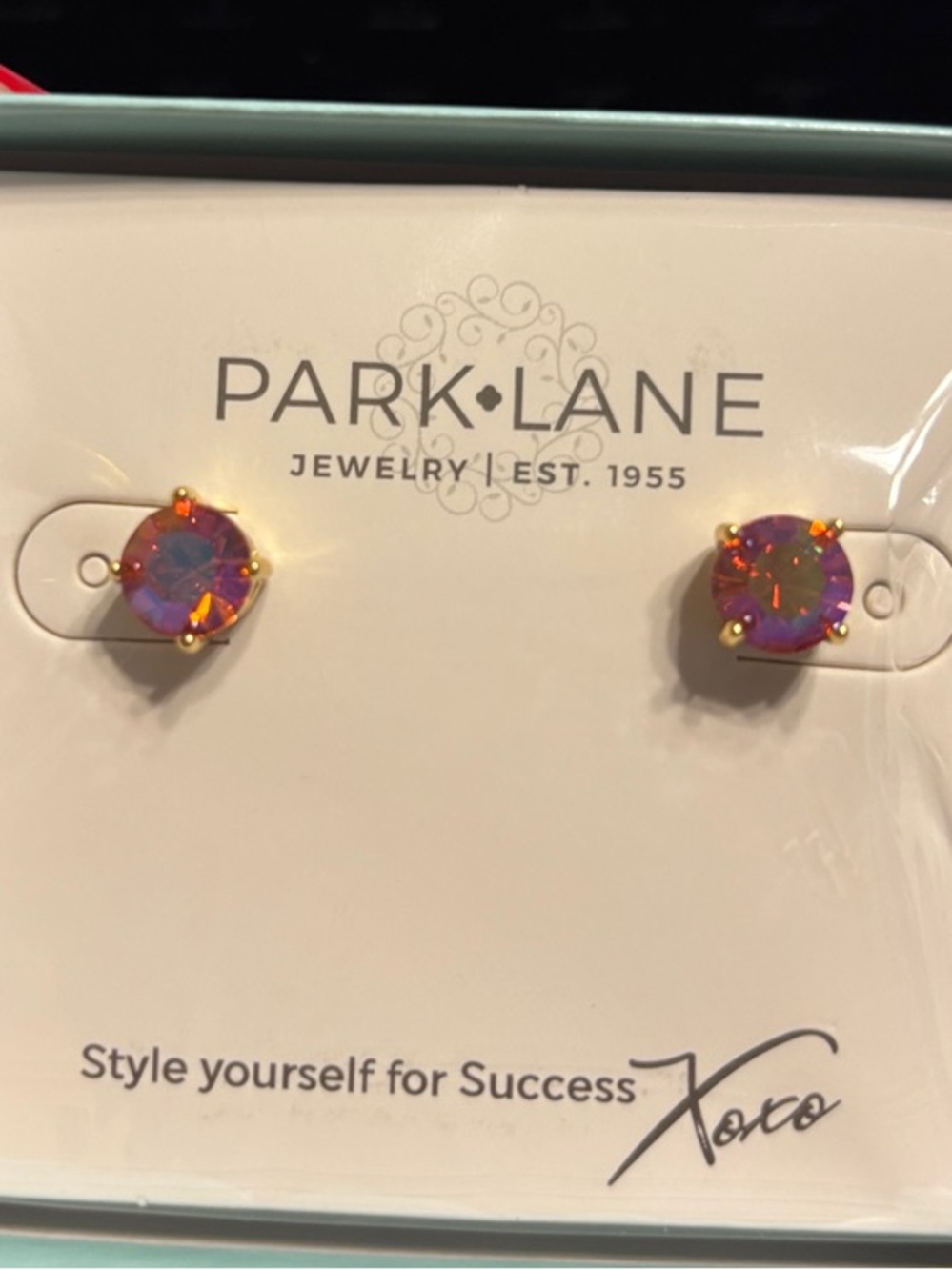 Park Lane Gold Impression Stud Earrings with Iridescent Pink and Orange Stones